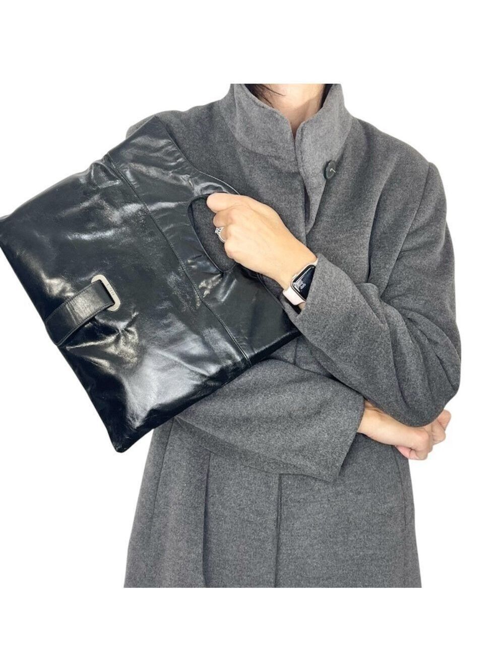 RUDSAK genuine smooth black leather silver hardware minimalist rectangle clutch